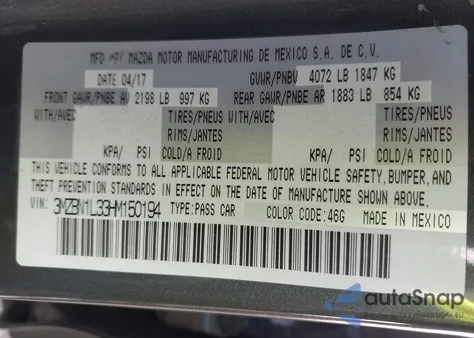 2017 Mazda Mazda3 Touring 2.5 из США, поврежденный, VIN 3MZBN1L33HM150194